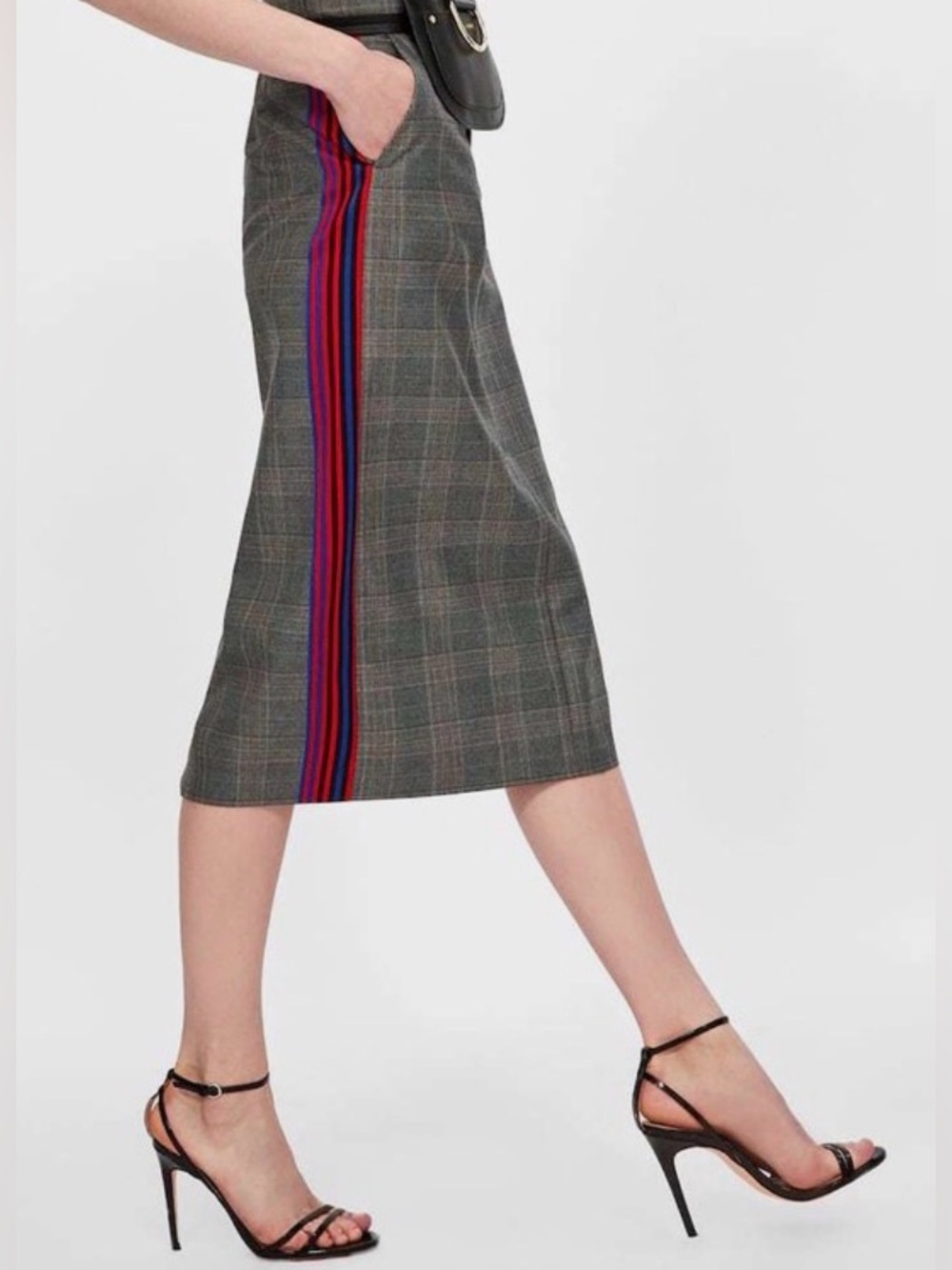 Zara Woman Grey Plaid Pencil Skirt with Red/Blue Side Stripe Sz M - Picture 6 of 10